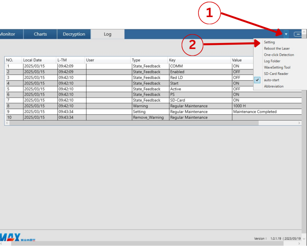 Menú de configuración de un sistema láser con opciones desplegables, donde se destacan dos pasos con flechas rojas para acceder a la configuración avanzada.